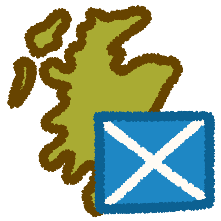 a green shape of the country of Scotland, with the Scottish flag